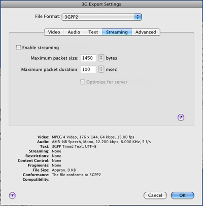 PcP Encodings - 3GPP (Release A) - Streaming Settings